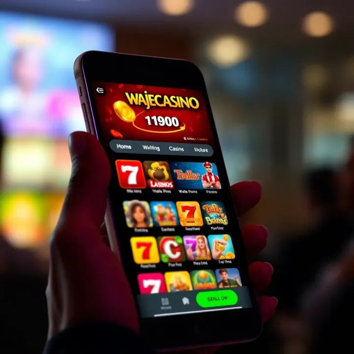 Classic Wajecasino Mobile Interface Display Mobile phone displaying the classic Wajecasino interface on the screen with casino game icons visible