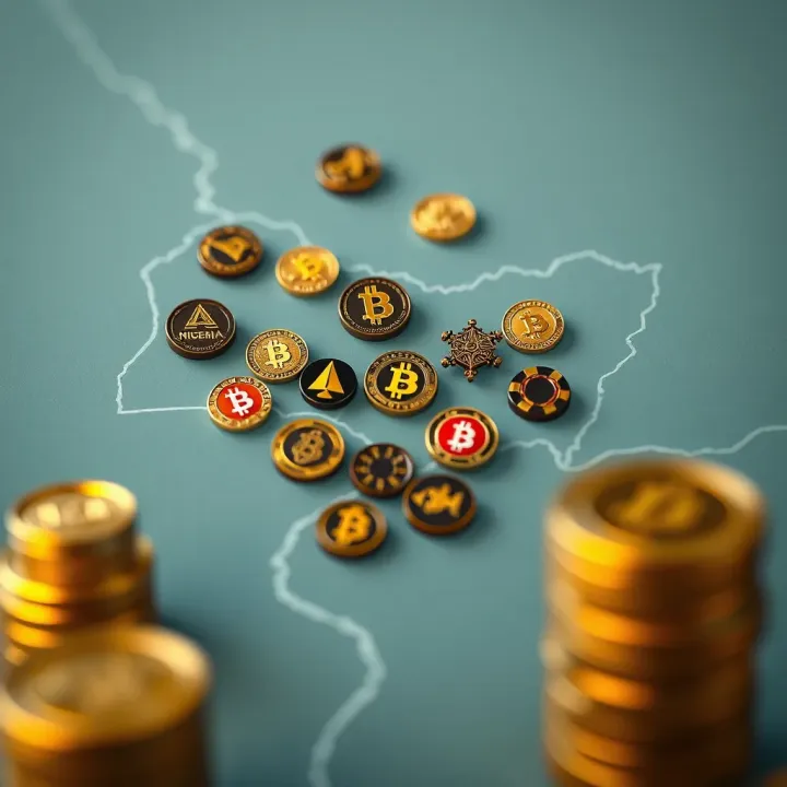 Abstract representation of Nigeria map with crypto symbols highlighting legal and popular crypto gambling platforms