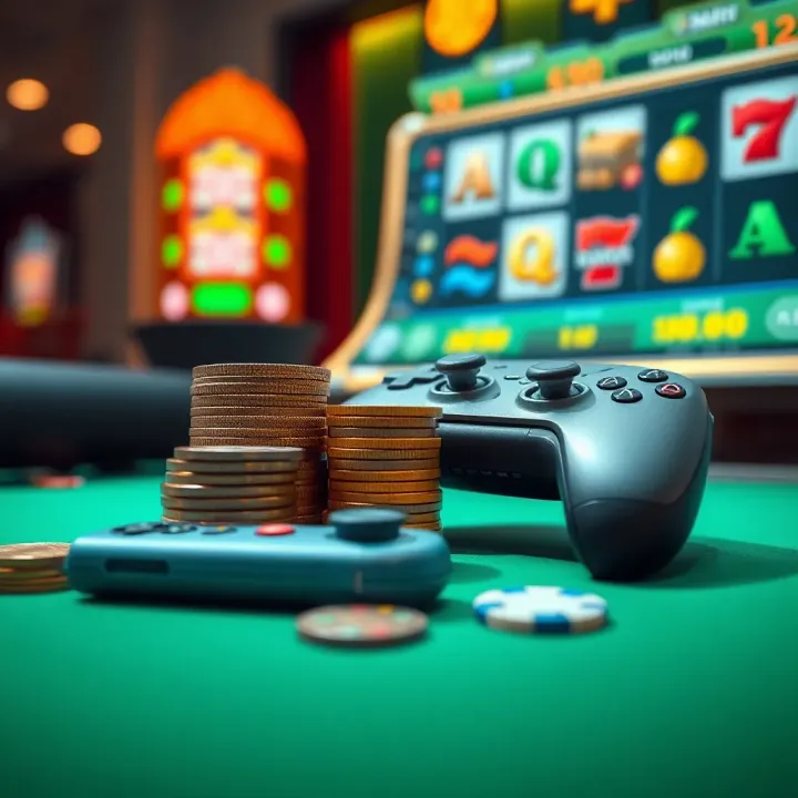 Illustration of bankroll management with stacked coins and a game controller symbolizing controlled wagering