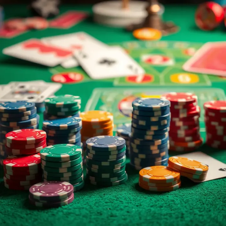 Colorful casino chips and cards arranged on a green felt table highlighting popular casino games