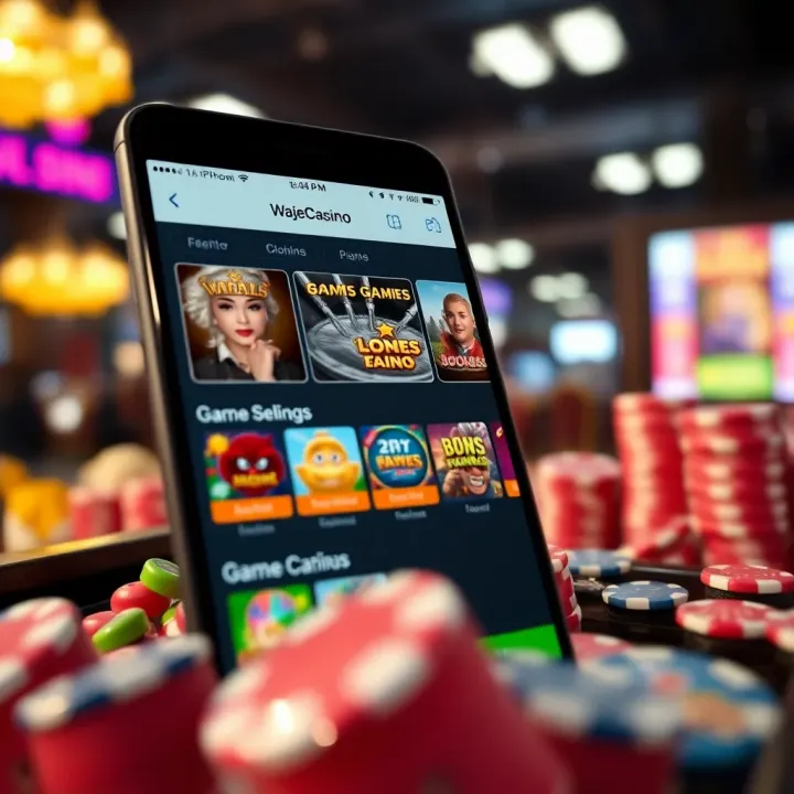 Screenshot of WajeCasino iPhone app interface showing game selection and navigation menu