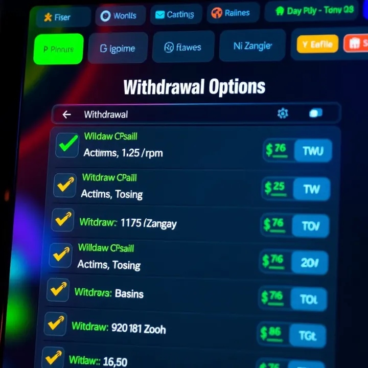 User interface displaying withdrawal options on a digital casino platform