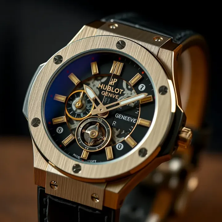 Close-up view of a luxury wristwatch showcasing intricate dial design and polished metal casing