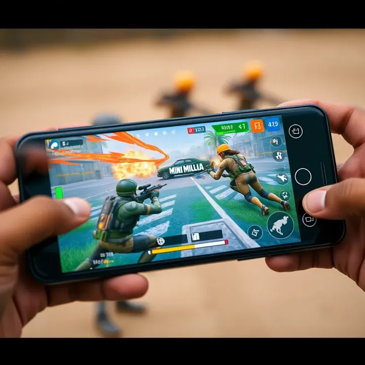 Android smartphone displaying Mini Militia gameplay with vibrant graphics and multiplayer action