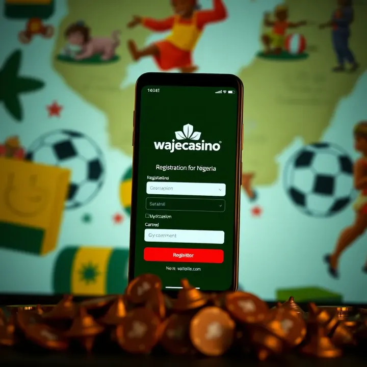 Mobile phone displaying the Wajecasino Mobile Lite registration page with Nigerian themed background