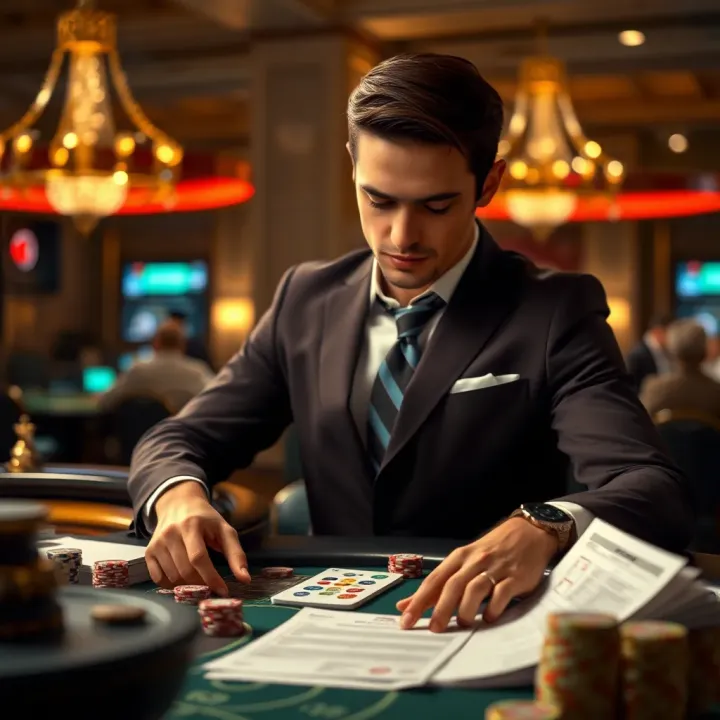 Conceptual illustration of a bank professional managing casino chips and financial documents at a casino table