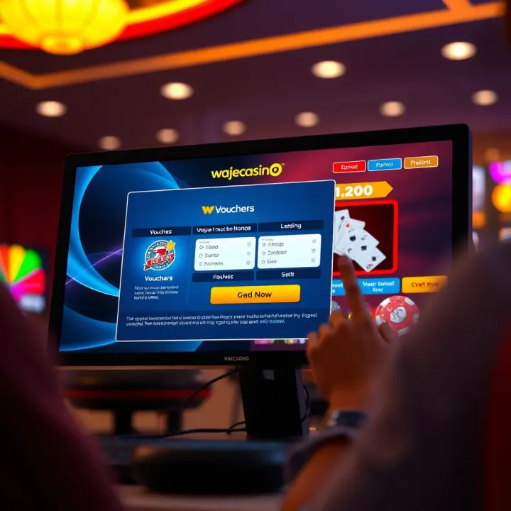 Illustration of a computer screen showing voucher redemption interface at WajeCasino
