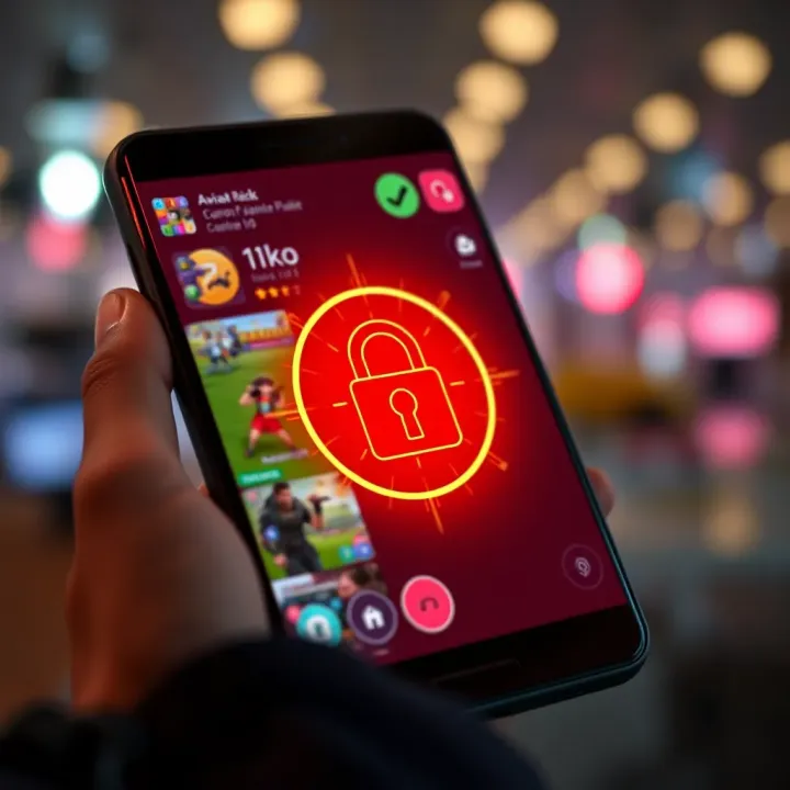 Conceptual illustration showing a smartphone screen with gaming app interface and digital lock symbol representing security risks