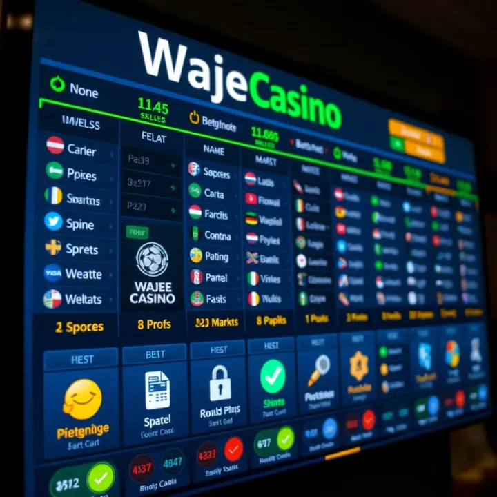WajeCasino Betting Markets with Secure Payment Methods Digital betting board featuring multiple sports markets and secure payment icons