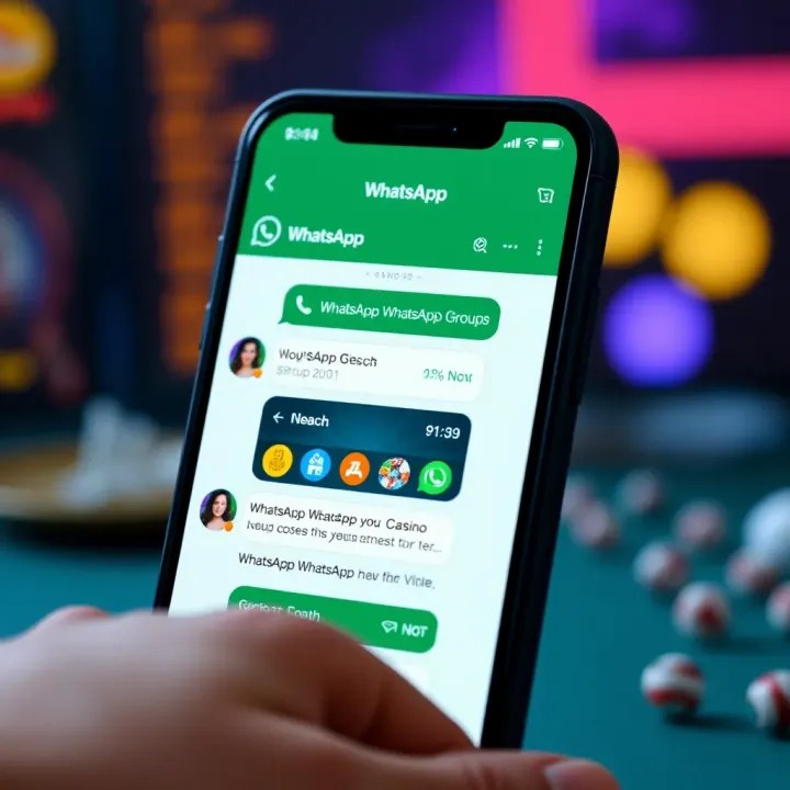 Smartphone displaying a WhatsApp chat screen with casino-related messages and vibrant icons