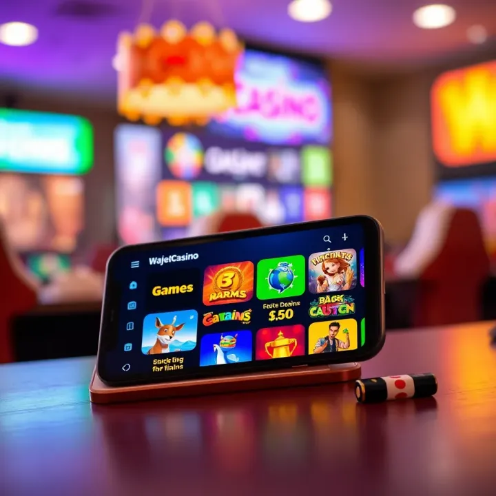 WajeCasino App Game Selection Interface Mobile phone displaying WajeCasino app interface with colorful game icons and navigation menu