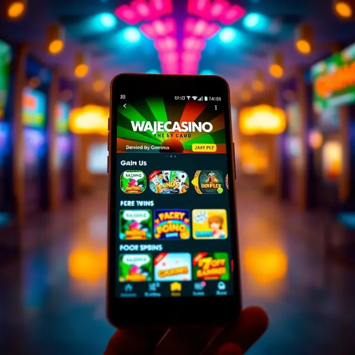 Mobile phone displaying the Wajecasino app interface with gaming options and bright highlights