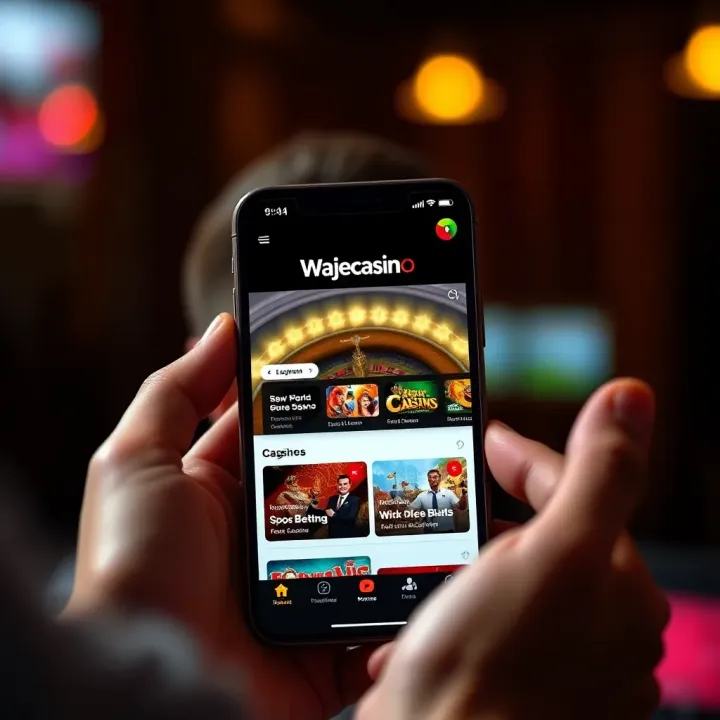 Wajecasino App Interface on Mobile Device Mobile device displaying Wajecasino app interface with sports betting and casino game options