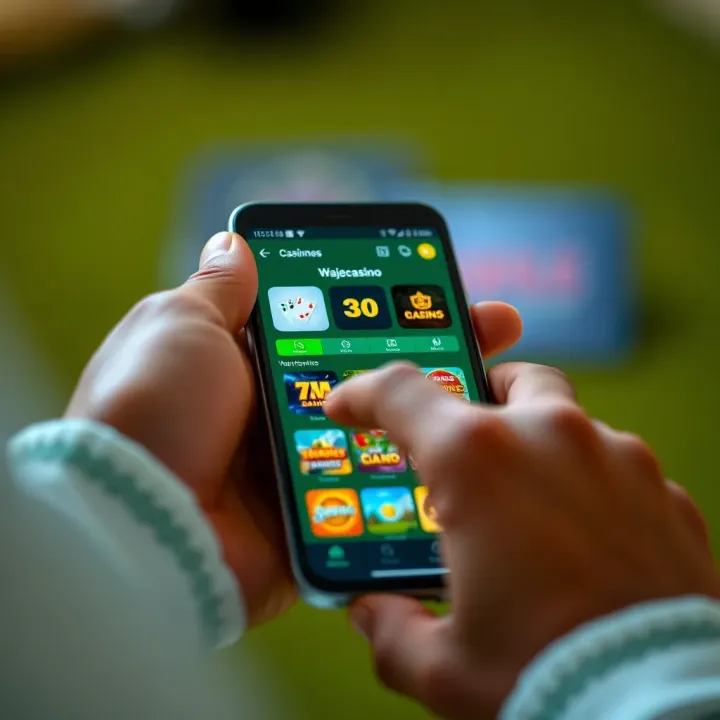User tapping on a mobile phone displaying the Wajecasino app home screen with casino game icons
