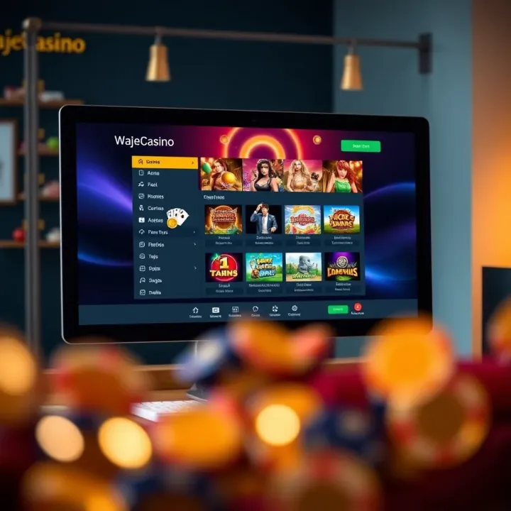 Computer screen displaying WajeCasino app interface with game selection menu