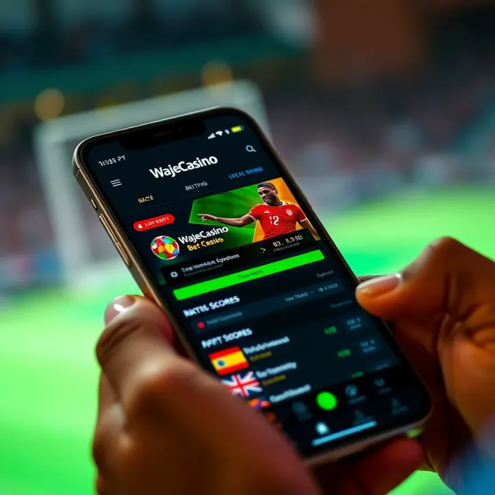 WajeCasino Bet App Interface on Mobile Device Smartphone displaying WajeCasino Bet app interface with betting options and live scores