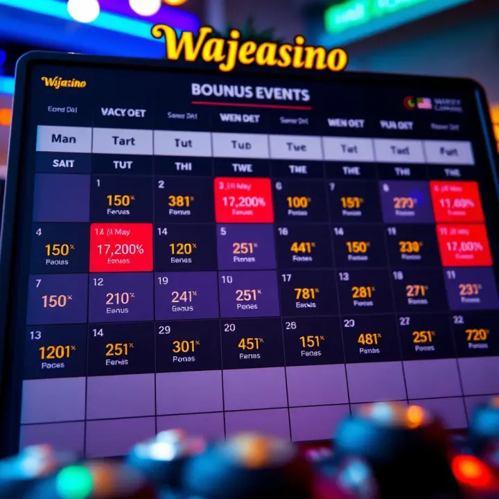 Calendar view showing special bonus events and tournament dates at Wajecasino