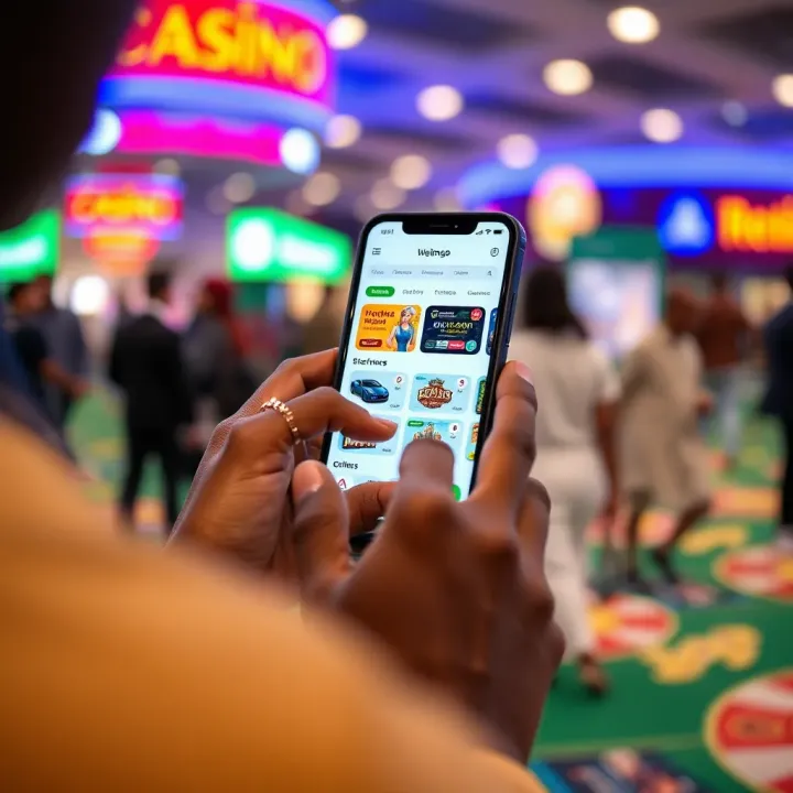 WajeCasino Booking App Enhancing Gaming and Retail Experience User interacting with a smartphone displaying WajeCasino's booking app interface highlighting gaming and retail options