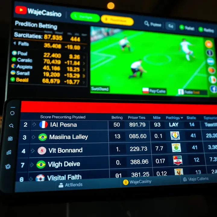Digital display showing football match statistics and predicted scores on a betting platform interface