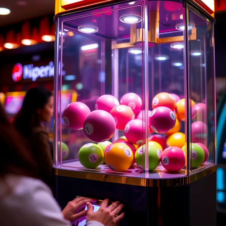 Lottery balls in vibrant colors moving inside a transparent drawing machine