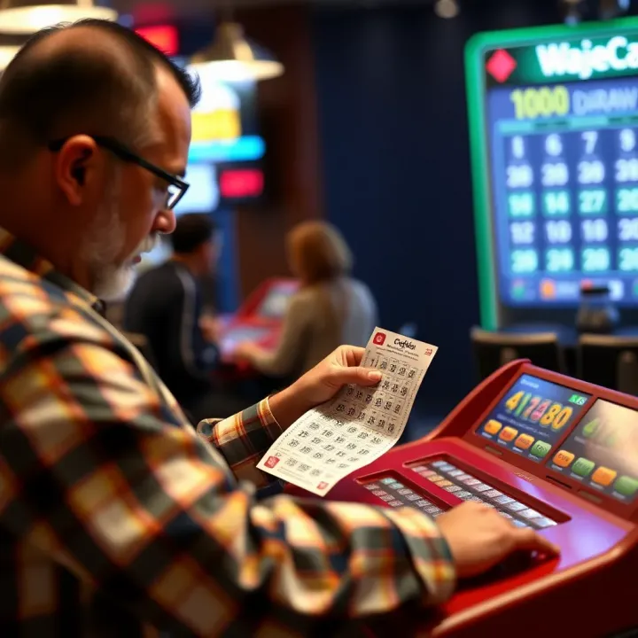 Player checking lottery ticket while strategizing number selection