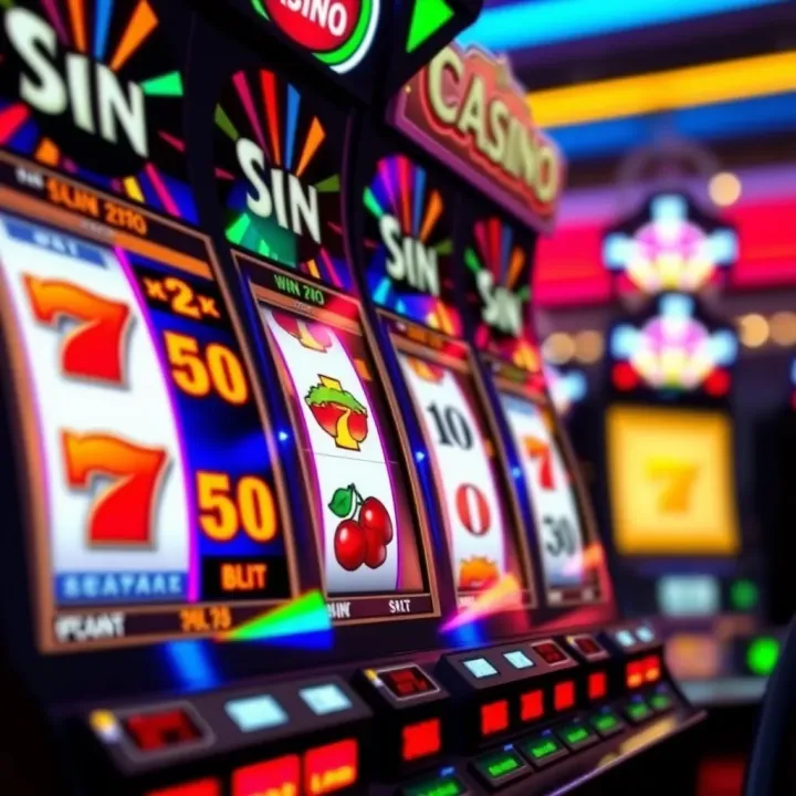 Slot machine reels displaying winning combination with vibrant casino lights