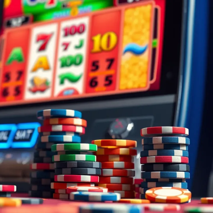 Colorful casino chips stacked next to a digital slot machine interface