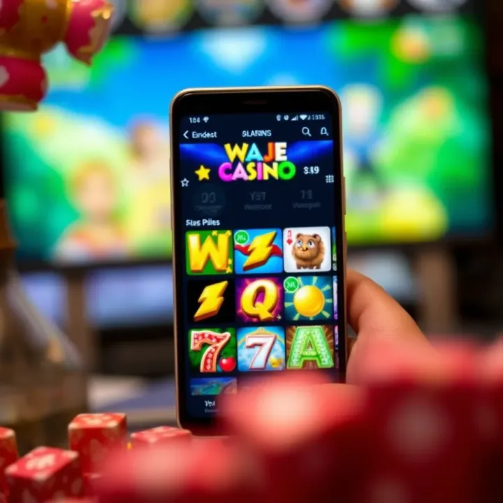 Mobile phone displaying WajeCasino game selection on screen