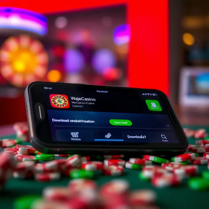 Mobile phone displaying WajeCasino app download confirmation and installation progress