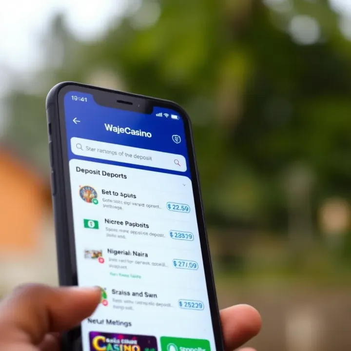 Mobile phone displaying various deposit options in Nigerian Naira on WajeCasino app