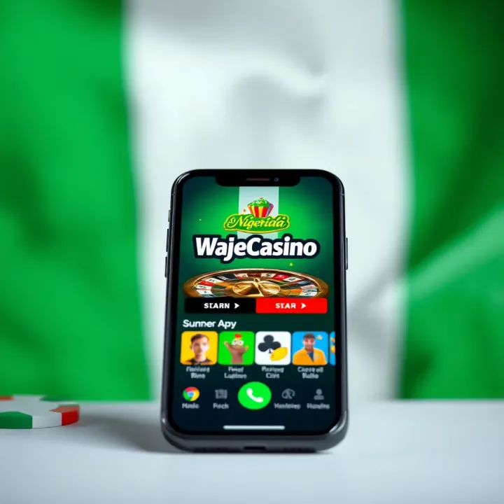 Smartphone displaying the WajeCasino app interface with Nigerian flag colors in the background