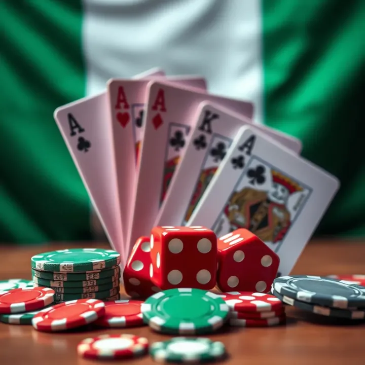 Collection of casino elements like playing cards, dice, and poker chips with Nigerian flag colors in background