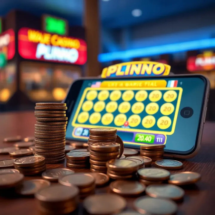 Illustration of online gaming strategy with coins and smartphone displaying Plinko game