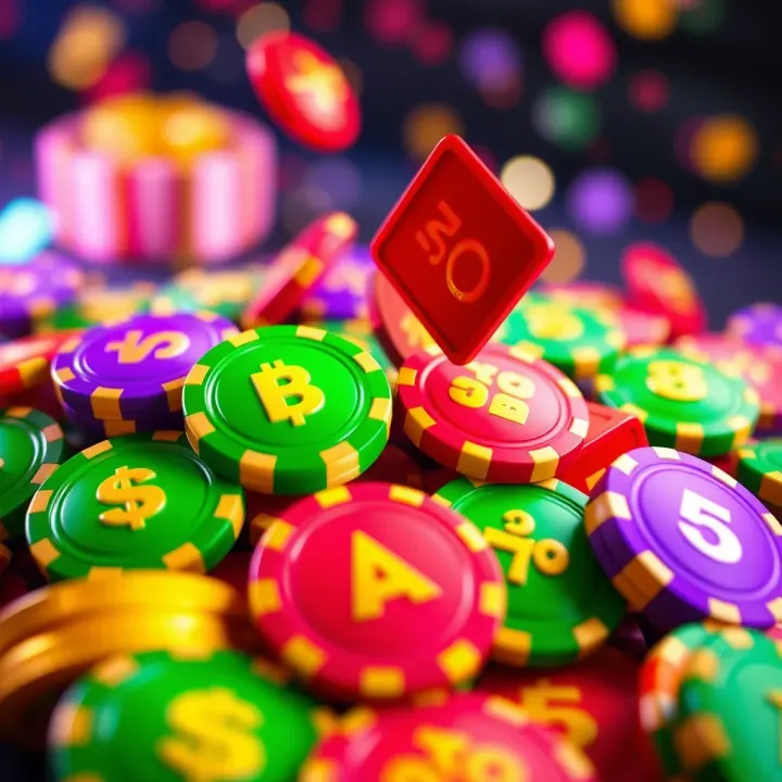 Visual Representation of Casino Bonus Rewards and Promo Codes Colorful digital tokens representing various online casino bonuses and rewards