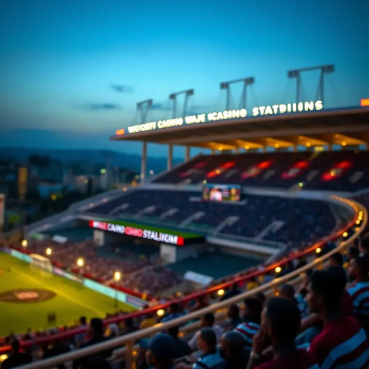 Panoramic view of WajeCasino Stadium illuminated during an evening sporting event in Nigeria