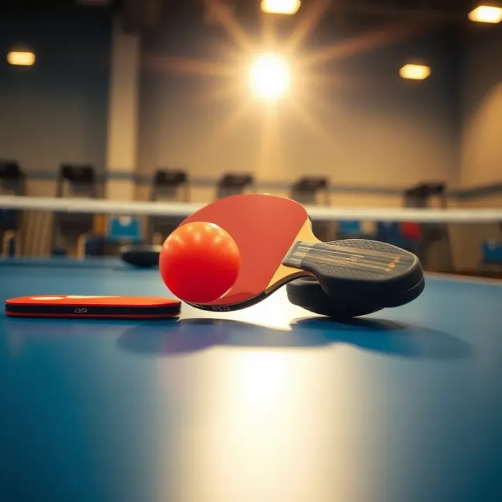 Close-up view of a table tennis ball striking a paddle on a professional table tennis table