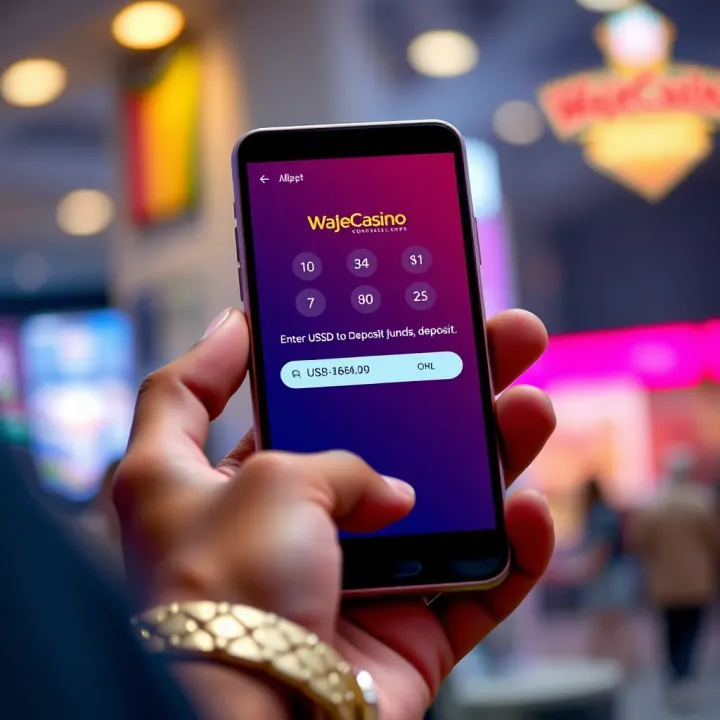Mobile phone screen displaying USSD code entry for deposit on WajeCasino app