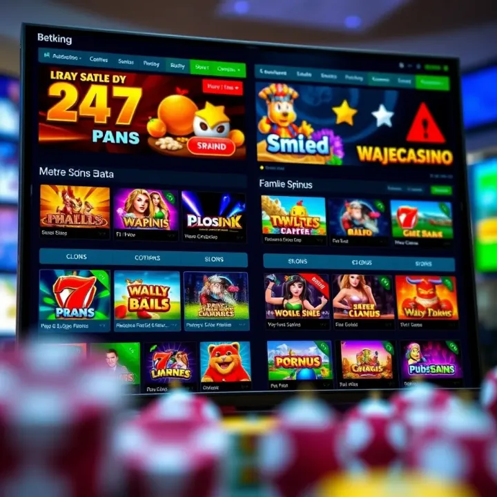 Comparison of Wajecasino and Betking betting platforms showing various game categories and user interface features