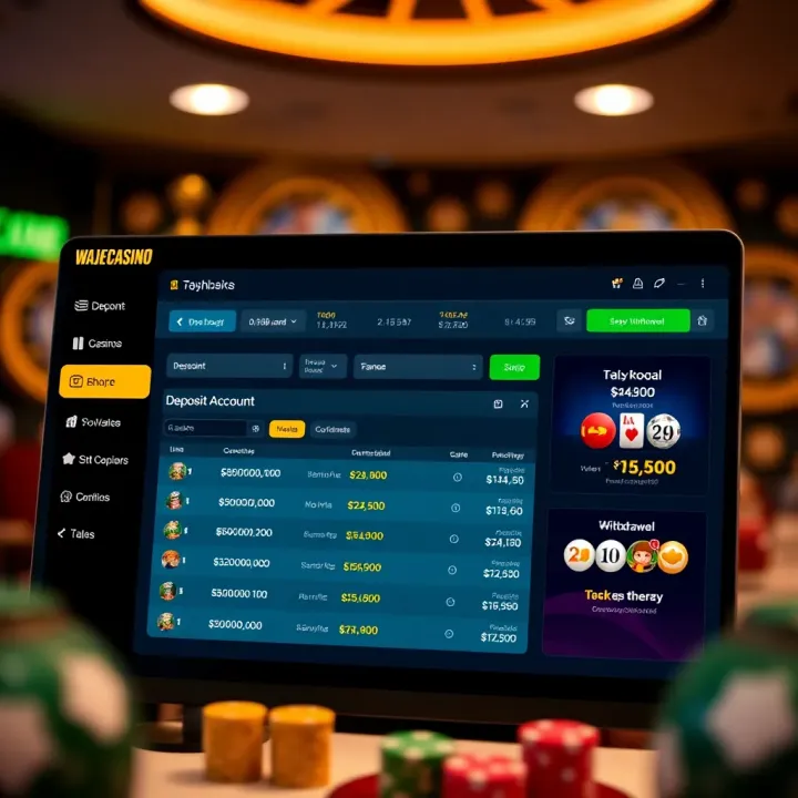 User interface showing casino account dashboard with deposit and withdrawal options